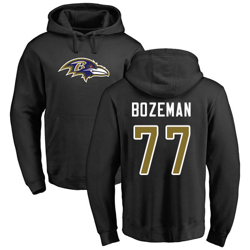Men Baltimore Ravens Black Bradley Bozeman Name and Number Logo NFL Football #77 Pullover Hoodie Sweatshirt